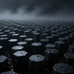 field of hexagonal pillars stretching to infinity. volumetric fog, dark, stars, wet, glossy, black, 4 k photo high quality trending on arstation