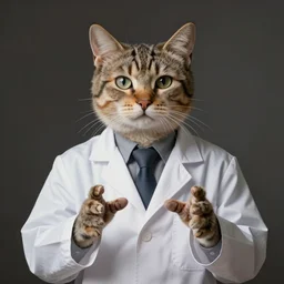 a humanoid cat wearing a scientist white coat, digital art, digital painting, masterpiece, anatomically correct, five fingers, cinematic, high coherence, realistic, high quality, highly detailed, 8 k, dramatic lighting, path traced, centered, high definition