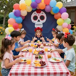 a photo of a day of the death birthay party for kids, instagram, influencer, pinterest ideas, colorfull, cute, fun, kids having fun, photo realistic,