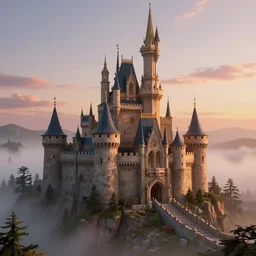 a highly detailed photo of an cel - shaded castle surrounded by a mist shot during sunset on 3 0 mm film painted by alena aenami, rendered in unreal engine