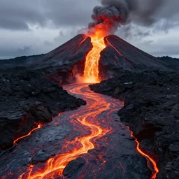 8 k hd detailed octane render of a river of molten magma following from a volcano