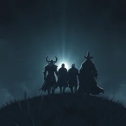 a demon a knight a samurai and a wizard walking away from the camera over a hill, depth of field, perspective, backlight, rays of shimmering light, visual novel, tones of black, cool color palette