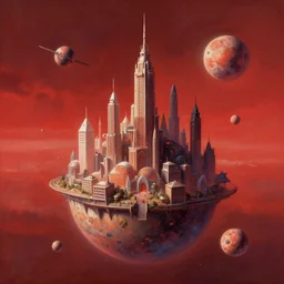 digital painting of a fantastic space city on a tiny planet with multiple little moons and maybe some cute satellites against a breathtaking sky, by syd mead, by noah bradley, fantasy art, octane, by simon stalenhag, red colour scheme