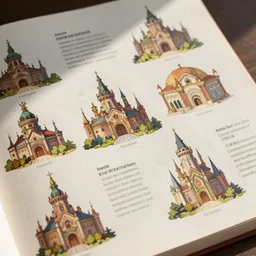 closeup of the page of encyclopedia coloured clean sharp illustration : : fantasy architecture, diagrams showing various fantasy architecture styles, insanely detailed, informative texts and graphs, style of book concept art