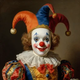 baroque rococo painting Royal Fancy Jester clown male Hildebrandt Lisa Frank high detail cute adorable whimsical up close clown jester hat