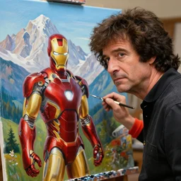 a closeup photorealistic photograph of bob ross inspecting his canvas painting of iron man. mountain scape. film still, vibrant colors. this 4 k hd image is trending on artstation, featured on behance, well - rendered, extra crisp, features intricate detail, epic composition and the style of unreal engine.