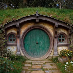 hobbiton with highly intricate door, small garden, evening, highly detailed matte painting, low angle front facing view, by stanley artgerm lau, greg rutkowski, thomas kinkade, alphonse mucha, loish, norman rockwell, artstation