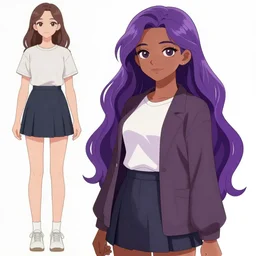 character design of anthy himemiya as a college student, long wavy purple hair, indian girl with brown skin, tokyo fashion, detailed anime character art, girly, concept art, portrait, japanese streetwear, dramatic pose, shoujo manga character design, character art, femme, urban, vibrant, highly detailed, Akihiko Yoshida