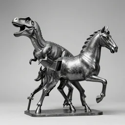 [ t rex ] and a horse with high heels, movement, metal, black and white, photograph, 1 8 5 0 s