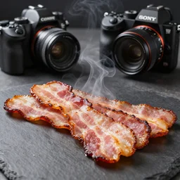 well cooked bacon, smoking, authentic, zeiss, 3 5 mm, dslr, macro, food photography, tasty, wide shot, studio, gmaster, cooking, food, kodak, sony, canon