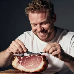morrissey slicing a juicy ham, smiling, hungry, eating meat