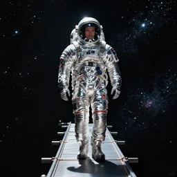 man in silver space suit, walking on a catwalk suspended in the darkness of space, surrounded by stars, realistic illustration