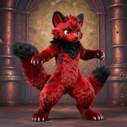 a dashing weasel bandit furry red - and - black fursona animal character { with tail }, mid - action pose on a painted elaborate industrial background by peder balke, photorealistic, this fursona has [ a tail! ]