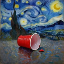 a single crushed red plastic cup on wet sidewalk as a classical painting, oil painting, epic lighting, dramatic composition, night, dusk, in the style of van gogh