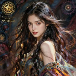 facial portrait of a young pretty woman in flowing dress, arrogant, mysterious, long fine flowing hair, delicate, looking at camera, slightly awkward smile, realistic face, no hands visible, intricate, stylish, elegant, grimdark fantasy, vibrant, extremely detailed painting by Harumi Hironaka and Ernst Haeckel and Greg Rutkowski