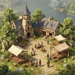 concept art, a beautiful highly detailed display of a fantasy small medieval open exterior market