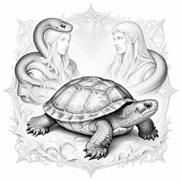 a full - body snapping turtle with snake, wisdom, good and evil, white ink + magical + symmetrical + detailed intricate + heraldic design + atmosphere ， by peter mohrbacher and kentaro miura + high details, in the style of jean delville, artstation, 8 k, tarmo juhola, ivan laliashvili, james gurney, moebius