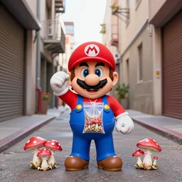 super mario as a drug dealer selling a bag of magic mushrooms in the alleys of los angeles, super mario in real life, red hat, blue overalls, mario is holding the baggie, canon eos r 3, f / 1. 4, iso 2 0 0, 1 / 1 6 0 s, 8 k, raw, unedited, symmetrical balance, wide angle