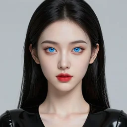 complex 3 d render, ultra detailed, realistic headshot portrait of a beautiful porcelain skin woman, oval face, black long hair, wearing black latex dress, detailed blue eyes, round catchlights, red plump lips, beautiful, studio portrait, proportional,