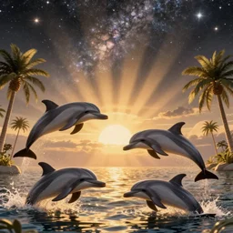 dolphins swimming, golden hour, god rays, by artgerm and ruan jia and ismail inceoglu and greg olsen, palm trees, cosmos, milky way galaxy, masterpiece, beautiful, intricate, elegant, highly detailed