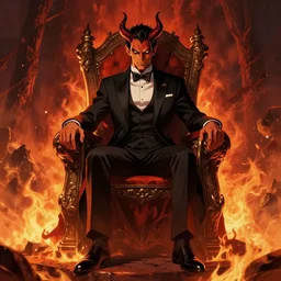 A Male Devil sits on a throne and wears a black tuxedo , hell, landscape, fire, environment, Artstation