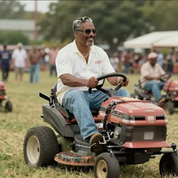 film still of Stevie Wonder riding a lawn mower in the new Field of Dreams movie, 4k