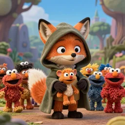 a chibi foxfolk muppet druid wizard wearing a hooded cloak holding a small muppet animal with a small herd of random muppet animals following behind, sesame street, photograph, photography, ultrarealistic, national geographic