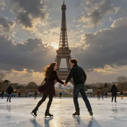 extreme long shot, landscape, man and woman with long brown hair ice skating in front of eiffel tower by j. m. w. turner