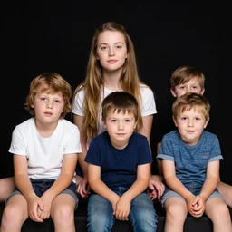 one girl and three boys sitting together, they are siblings, black background, 8 0 mp photography, all are visible