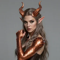 portrait of an elven woman with small copper devil horns and copper scales covering her arm and neck, by greg rutkowski, trending on artstation, dungeon and dragons art