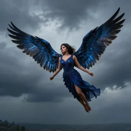 angel avan jogia with indigo-feather wings. Flying in a stormy sky. Distant full body shot. Award winning photography