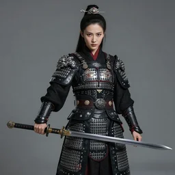 female vampire jinyiwei wearing black heavy armor and wielding a nodachi, jinyiwei, embroidered uniform guard, chinese armor, historical armor, nodachi, japanese great sword, ming dynasty, chinese fantasy, detailed, realistic, anatomically accurate, in the style of ghostblade, wlop.