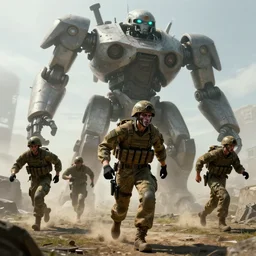 a commission of a soldier running away from a giant robot,digital art,photorealistic,greg rutkowski,trevor henderson,deviantart,artstation,detailed face,highly detailed,eerie,4k