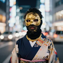japanese female balaclava mask with golden necklace and kimono, photo portrait, beautiful female model, tokyo, city neon light, bokeh, long exposure, kodak promax 4 0 0, sony lens, golden fractals and dmt