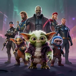 Gremlins as the avengers, trending on Artstation, 8K, ultra wide angle, pincushion lens effect.