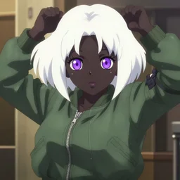 anime poster film still portrait, black black black woman, purple colored eyes, purple colored eyes, white french bob, green colored bomber jacket, detailed facial features, dynamic pose, cute face by ilya kuvshinov, yoh yoshinari, makoto shinkai, rimlight, cel shaded, 4 k