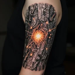 intricate tatoos, sparks, tree bark, photorealistic, hd, trending on artstation