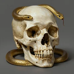 A skull with a gold snake slithering around it, highly detailed, digital painting, artstation, concept art, sharp focus, illustration, art by greg rutkowski and alphonse mucha