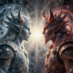 the armies of heaven and hell!!!! fantasy character portrait made of fractals facing each other!!!!!!!!!!!! ultra realistic, wide angle, intricate details, the fifth element artifacts, highly detailed by peter mohrbacher, hajime sorayama, wayne barlowe, boris vallejo, aaron horkey, gaston bussiere, craig