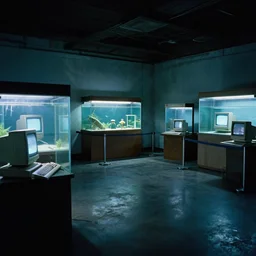 an abandoned liminal lonely empty aquarium, old retro museum exhibition, 1 9 8 0 s computers, computer monitors, illuminated displays of computer screen savers, crystal refraction of light, stanchions, photo taken on fujifilm superia film, aquatic devices
