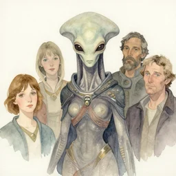 a simple and atmospheric watercolour portrait of a pulp sci - fi alien hivr queen, very muted colors, by rebecca guay, michael kaluta, charles vess and jean moebius giraud