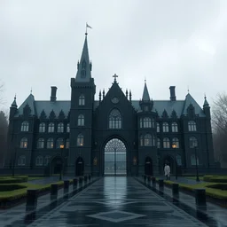 the university of magic, campus of black building with a magnificent gate, digital art, cinematic, scenic view, overcast raining, matte painting by gerg rutkowski and emmanuel shiu, trending on artstation, 4 k