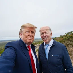 selfie taken by donald trump with joe biden while hiking wide angle