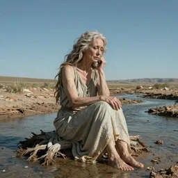 65-year-old tree-like Gaia Goddess shedding one emotionless tear as she sits on a dried up river in a desolate land, blue sky, hot and sunny, highly-detailed, elegant, dramatic lighting, artstation, 4k, cinematic landscape, photograph by Elizabeth Gadd