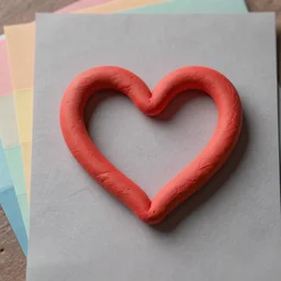 3d render of a poorly made red clay heart shape in the middle of a gray sheet of paper, range of pastel colors on the left side