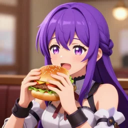 yuuki konno from sword art online eating a big burger and being happy, purple hair, High Definition detail, 8K, anime