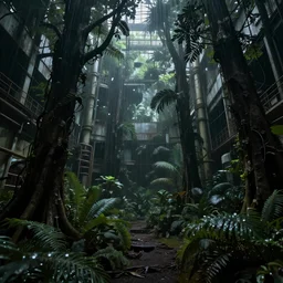 a fake rainforest in the basement of a massive industrial building, dark, eerie, liminal, surreal, photo,