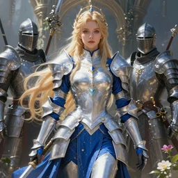 young blonde female warrior goddess in heavy blue and white armor, surrounded by knights, epic wallpaper, high fantasy, flowers and trees, intricate detail, digital painting, artstation, concept art, smooth, sharp focus, illustration, art by wlop and greg rutkowski and artgerm and ross tran