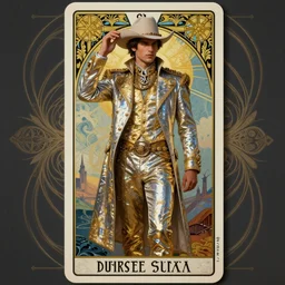 a dramatic ethereal epic symmetrical painting of a handsome!! cowboy in a shimmering! silvery! ((golden)) outfit | tarot card, art deco, art nouveau,  (steampunk), homoerotic, realistic | by Dresden Codak, by Mark Maggiori and ((((Alphonse Mucha))) | trending on artstation