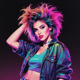 portrait of a synthwave 8 0 s fashion model with an exuberant hair style, colorful, dynamic pose, beautiful face, octane render, vray, detailed, halftoned, editorial illustration, matte print, grainy light, ( ( dither ) ), risograph, high contrast, screen print, grainy texture